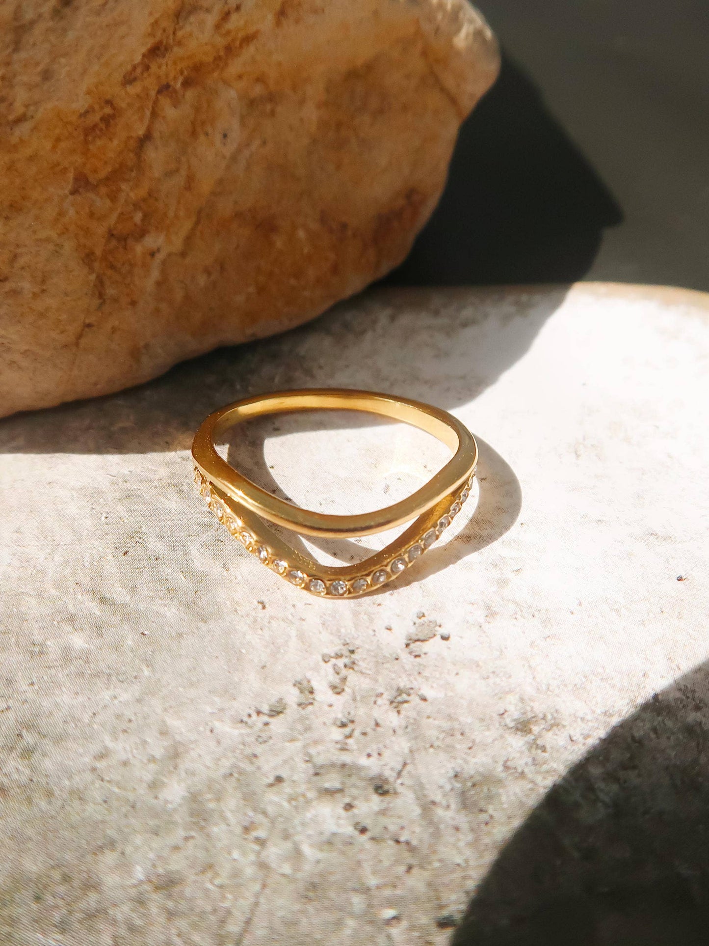 Orleans 18K Gold Non-Tarnish Layered V Rhinestone Ring: Yellow Gold / Size 8