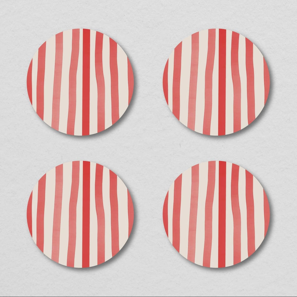 Red Striped Watercolor Illustrated Coaster Set of Four