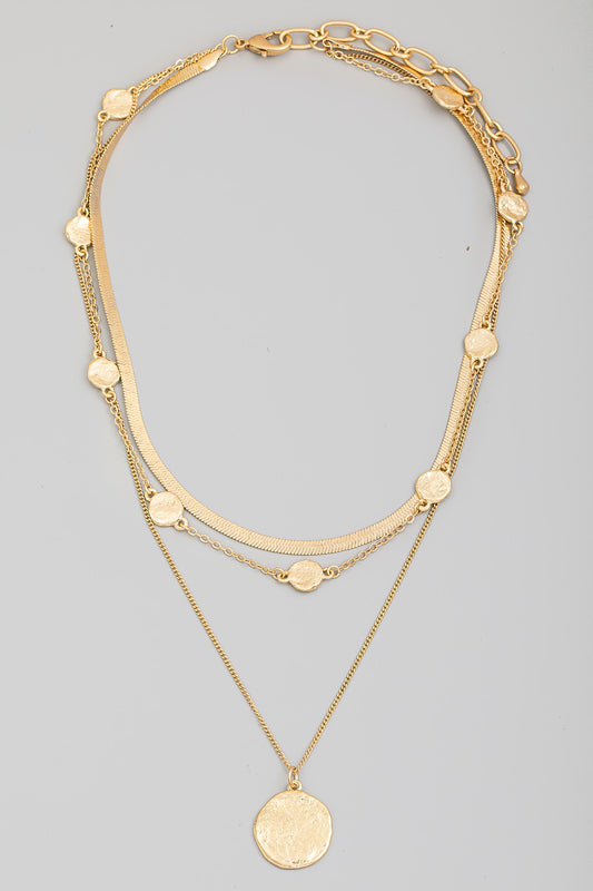 Layered Chain Disc Pendant Necklace - Gold