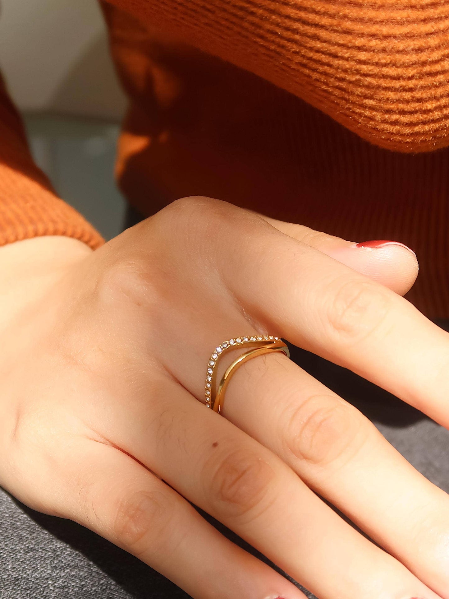 Orleans 18K Gold Non-Tarnish Layered V Rhinestone Ring: Yellow Gold / Size 8