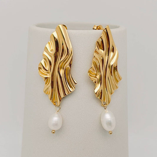 Textured Gold Pearl Charm Earrings