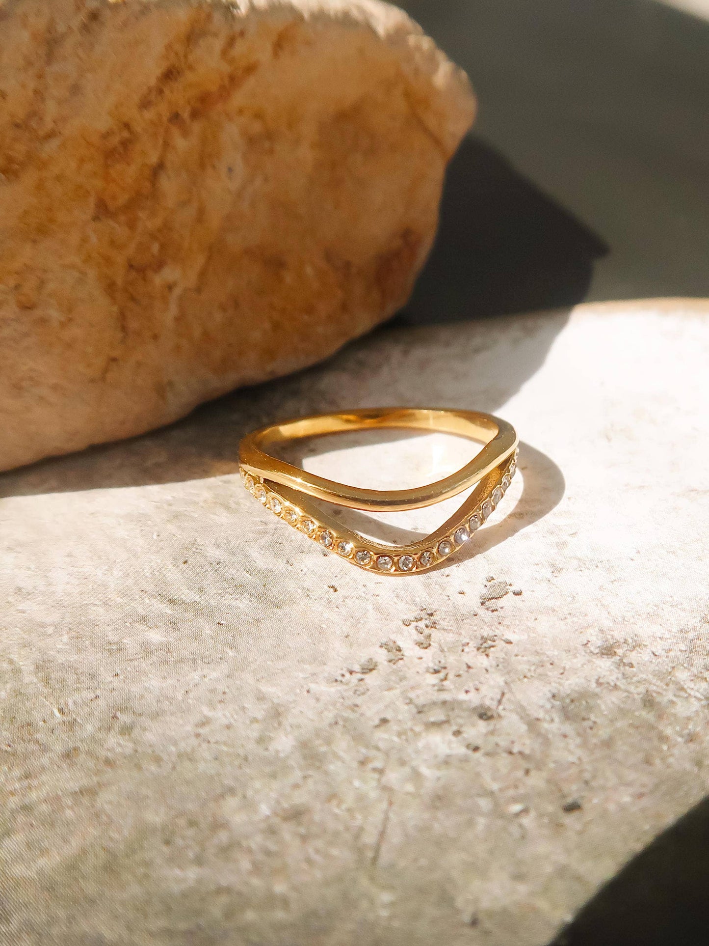 Orleans 18K Gold Non-Tarnish Layered V Rhinestone Ring: Yellow Gold / Size 8