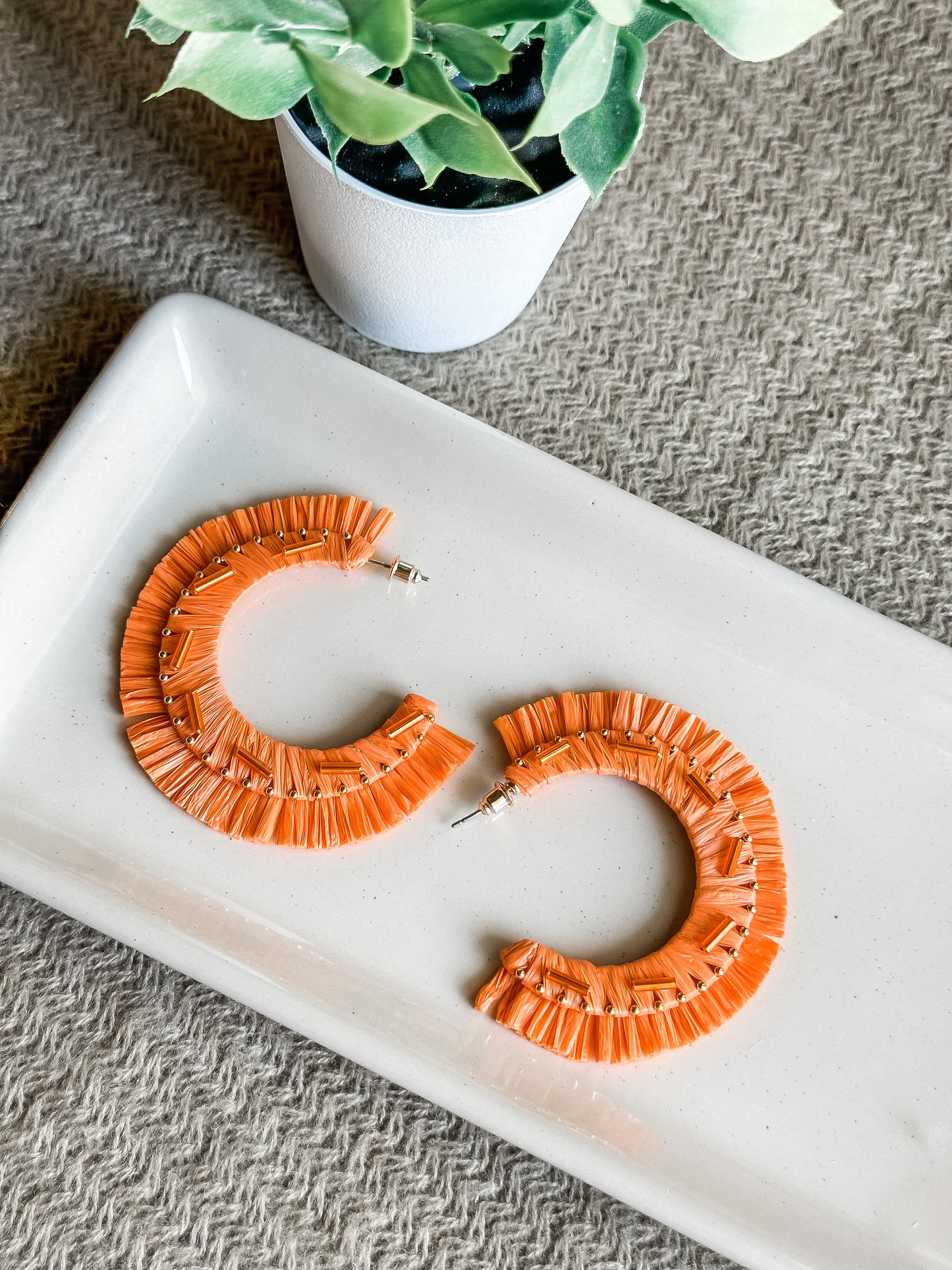 Orange Raffia Hoop Earrings