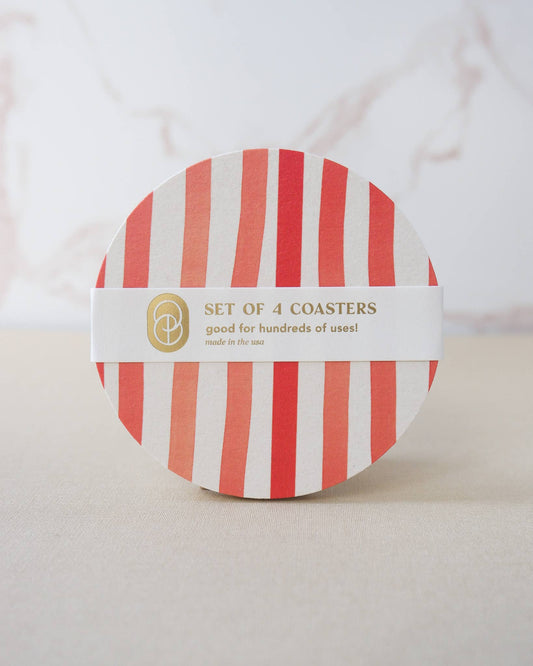 Red Striped Watercolor Illustrated Coaster Set of Four