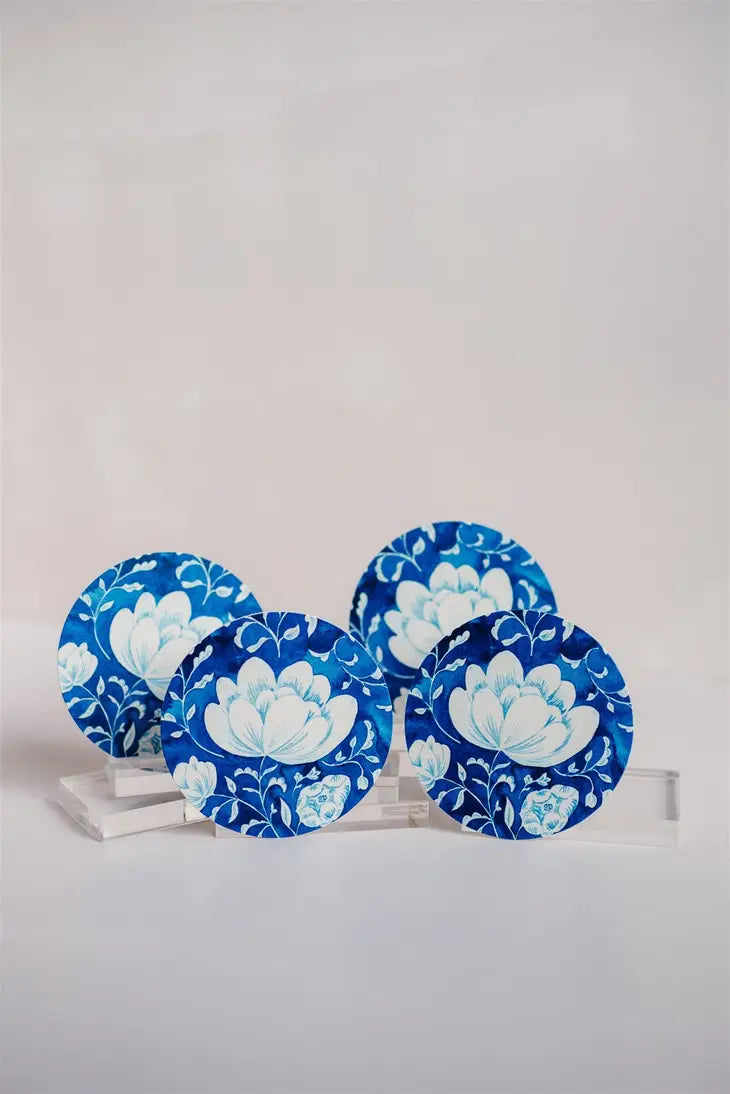 Delft Blue Floral Watercolor Coasters - Set of Four