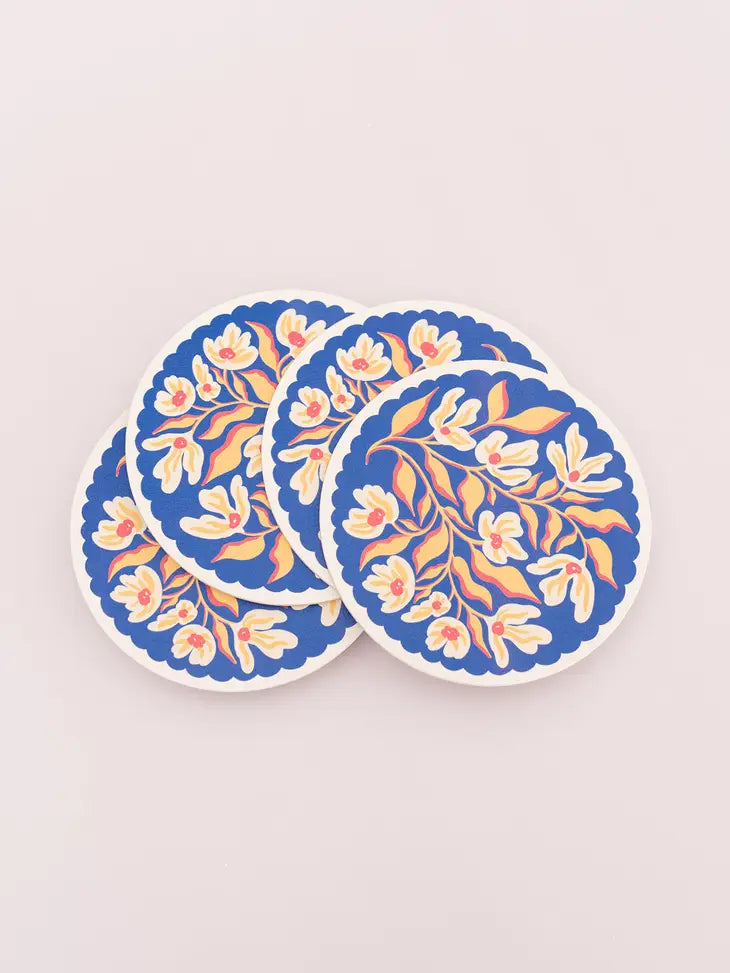 Blue and Gold Floral Scalloped Coasters - Set of Four