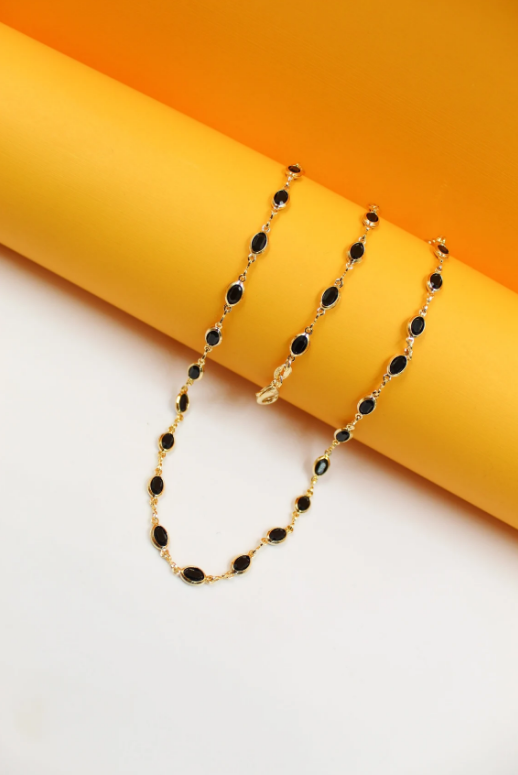 18K Gold Filled Link Black Stone Necklace