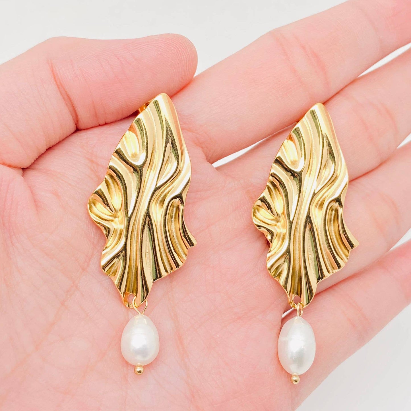 Textured Gold Pearl Charm Earrings