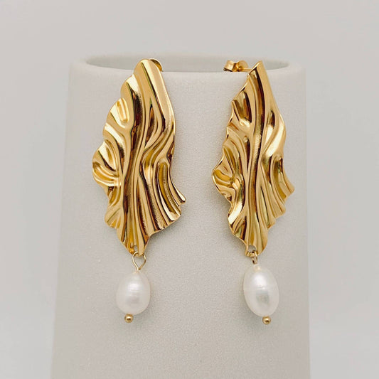 Textured Gold Pearl Charm Earrings