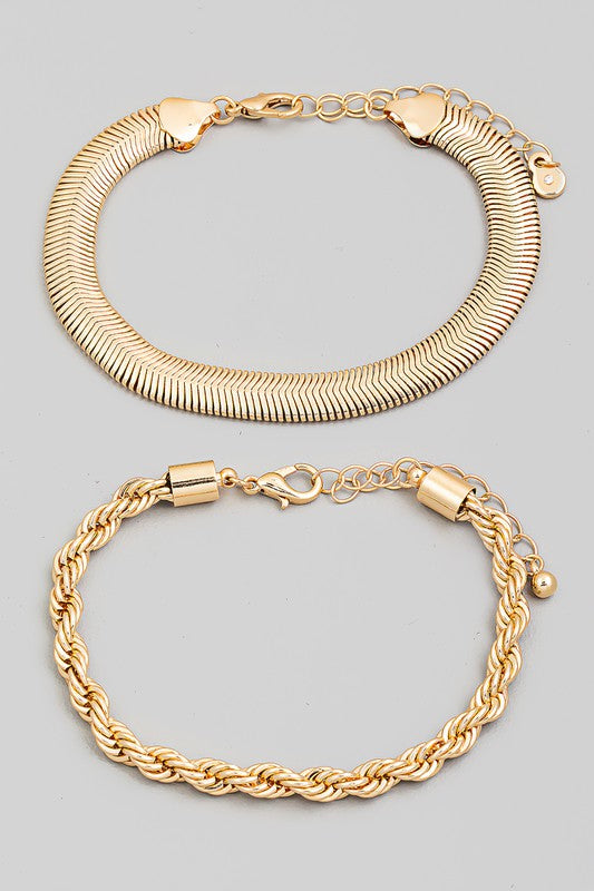 Layered Snake Rope & Chain Bracelet Set - Gold