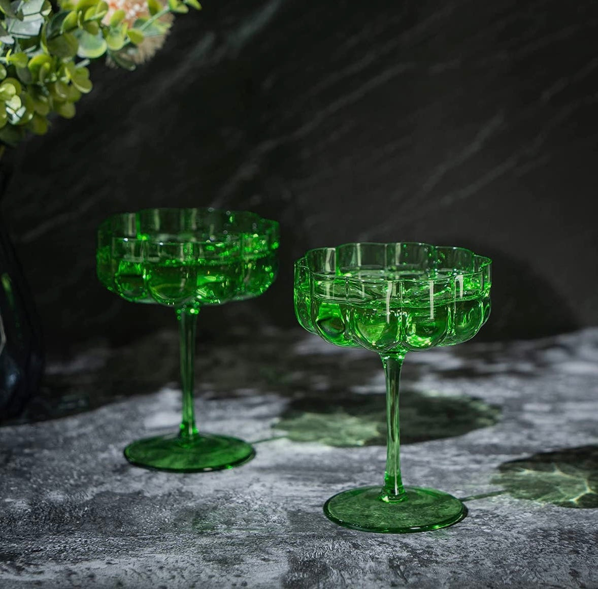 Elegant Flower Champagne & Cocktail Coupes - Green Set of 4