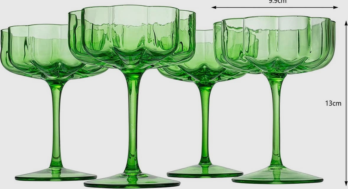 Elegant Flower Champagne & Cocktail Coupes - Green Set of 4