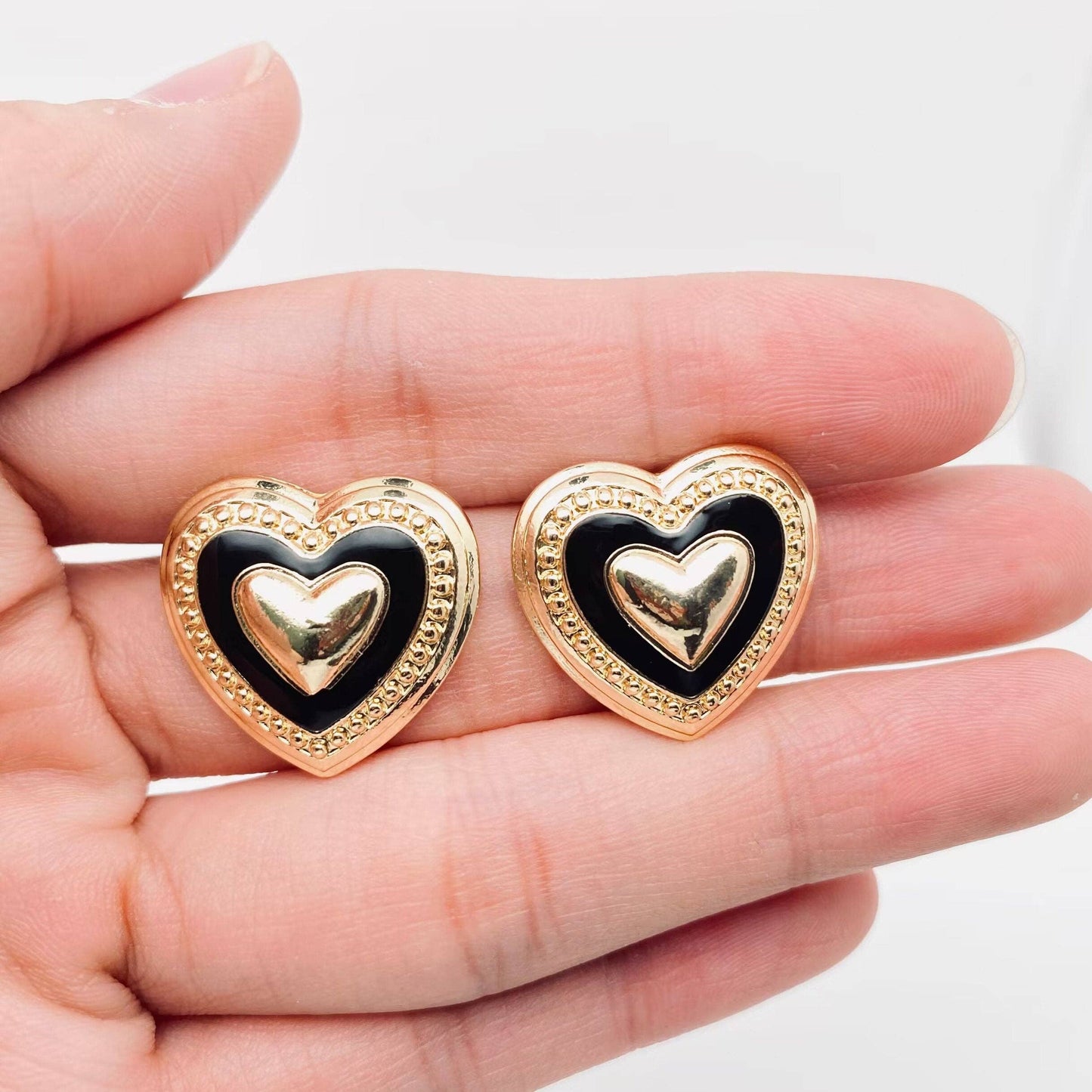 Black and Gold Heart Shaped Vintage Studs